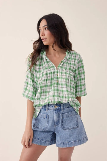 Ceres Life - CERES LIFE SHIRRED TIE TUNIC - SPLASH GREEN CHECK