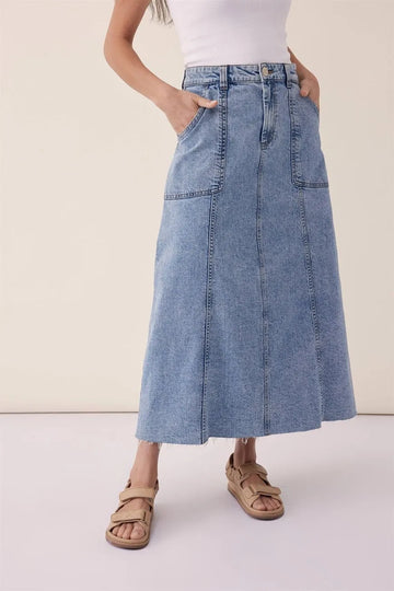 Ceres Life - FLARED MIDI SKIRT - WORN BLUE DENIM