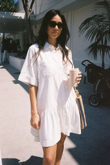 Ceres Life - Short Sleeve Tiered Shirt Dress - Fresh Ecru