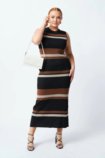 Apero - Sloane Metallic Knit Midi Dress - Black/Brown/Golden Taupe