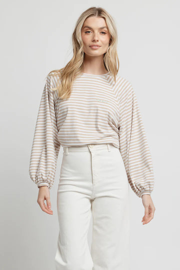 Apero - Sierra Balloon Sleeve Top - Beige/White Stripe