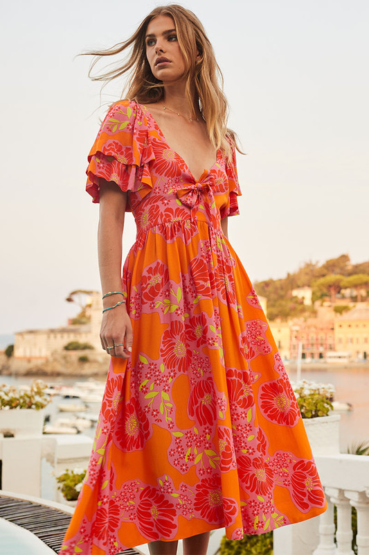 Bohemian Traders - FRONT TIE MIDI DRESS IN FLAMINGO