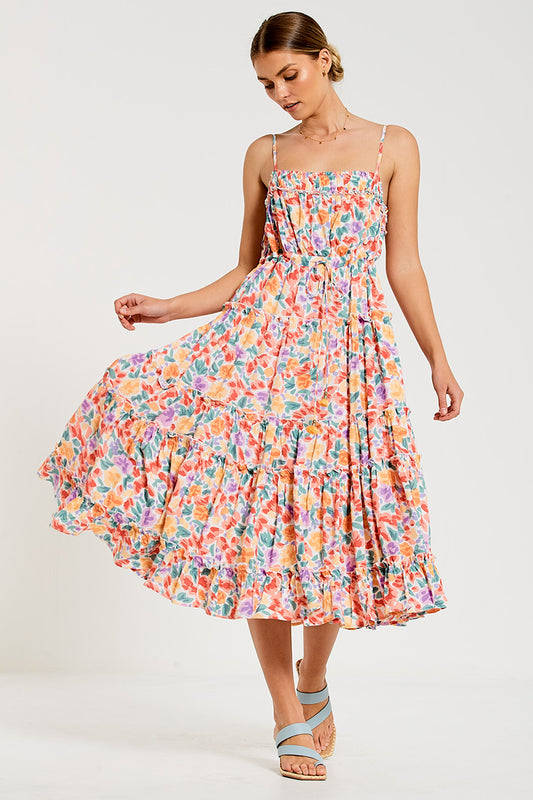 Bohemian Traders - Tiered Midi Dress With Drawcord in Summer Multi