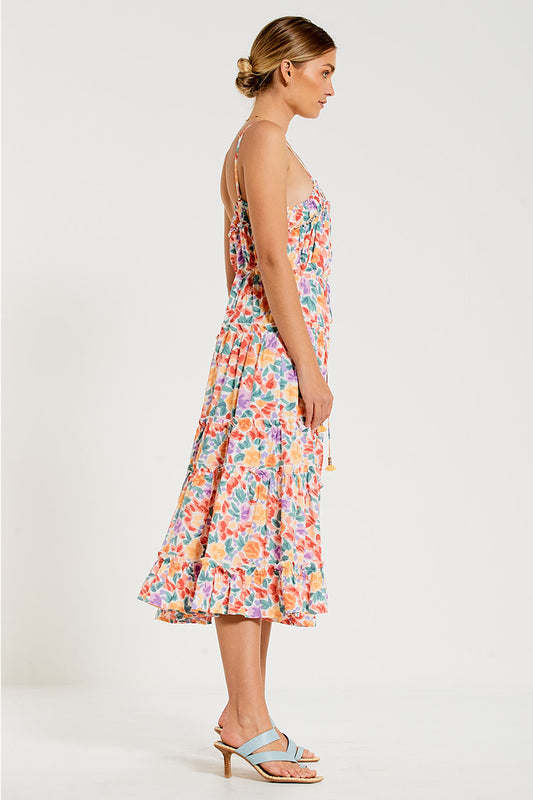 Bohemian Traders - Tiered Midi Dress With Drawcord in Summer Multi