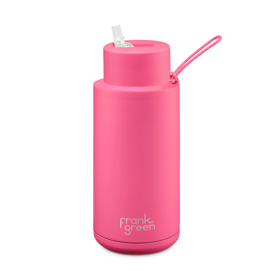 Frank Green - Ceramic Reusable Bottle - Straw Lid 34oz / 1,000ml - Neon Pink