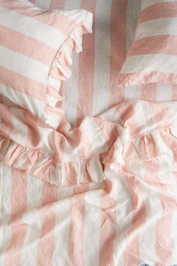 Society of Wanderers - Blush Stripe Ruffle Flat Sheet - King